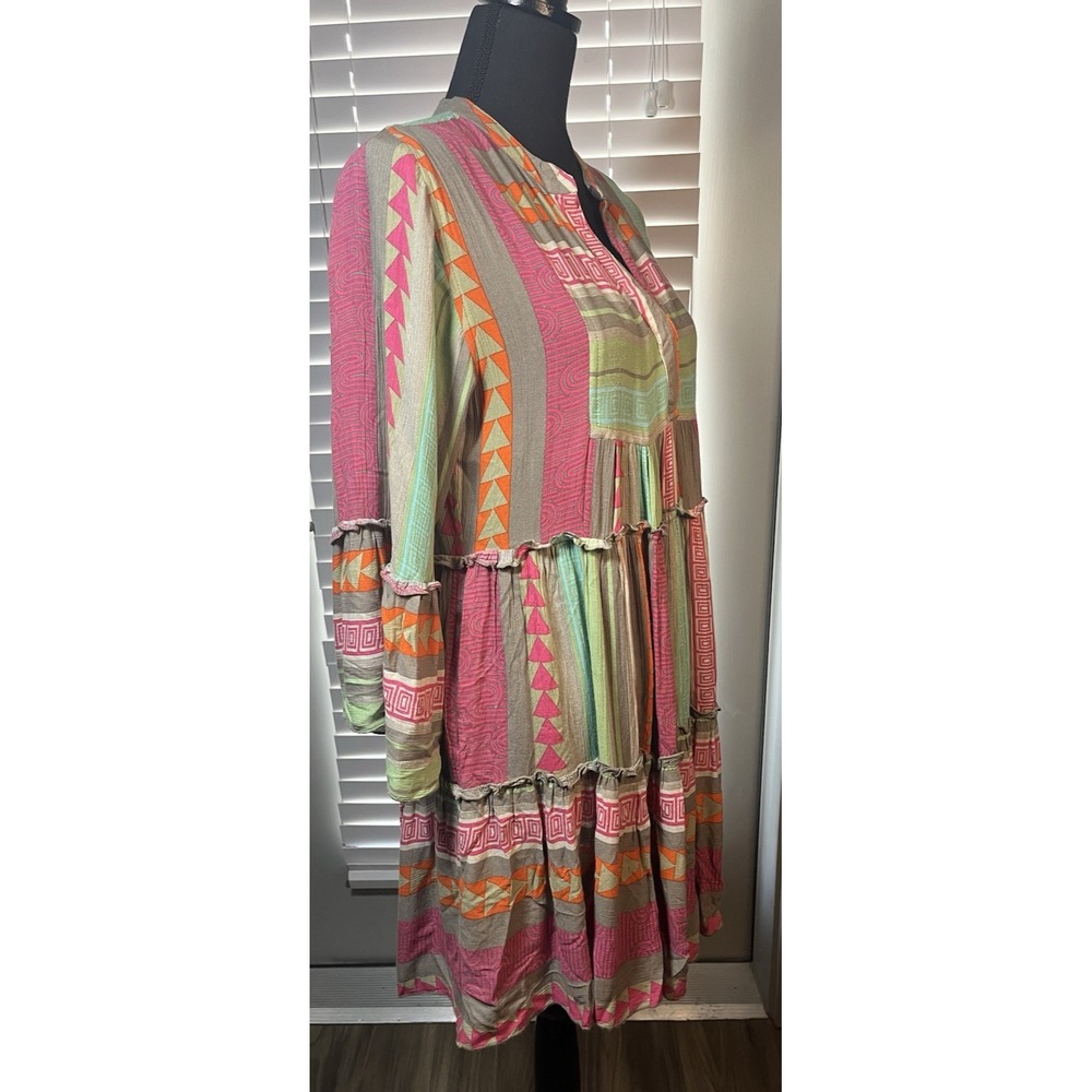 Elan Boho Tiered Babydoll Dress S Bell Sleeve Geo Print Multicolor Festival - Picture 12 of 15